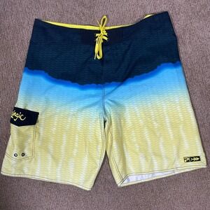 Pelagic Board Shorts Mens 36 Blue Yellow‎ Mahi Mahi Fish Scale Surf Gorpcore